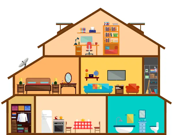 House illustration - Artisan Quality Roofing House illustration with side view of rooms