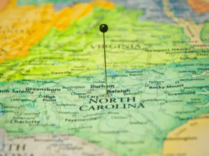Map with a map pin on Raleigh North Carolina