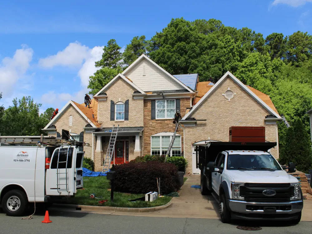 Roof replacement project Jobsite during roof replacement