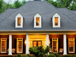 Elegant home with hip-and-ridge black roof, red brick façade, and white columned front porch