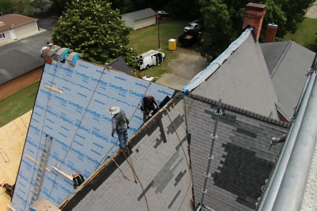 Church-roof-replacement-view-from-scaffolding - Artisan Quality Roofing Church-roof-replacement-view-from-scaffolding